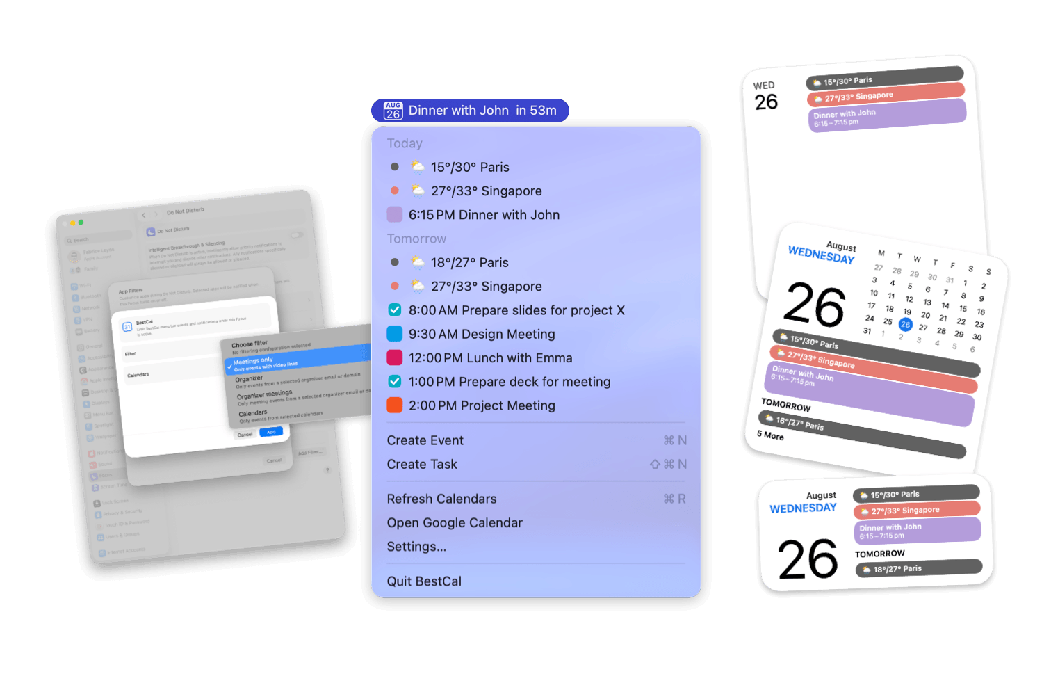 BestCal menu agenda, settings, Focus filter, and calendar widgets