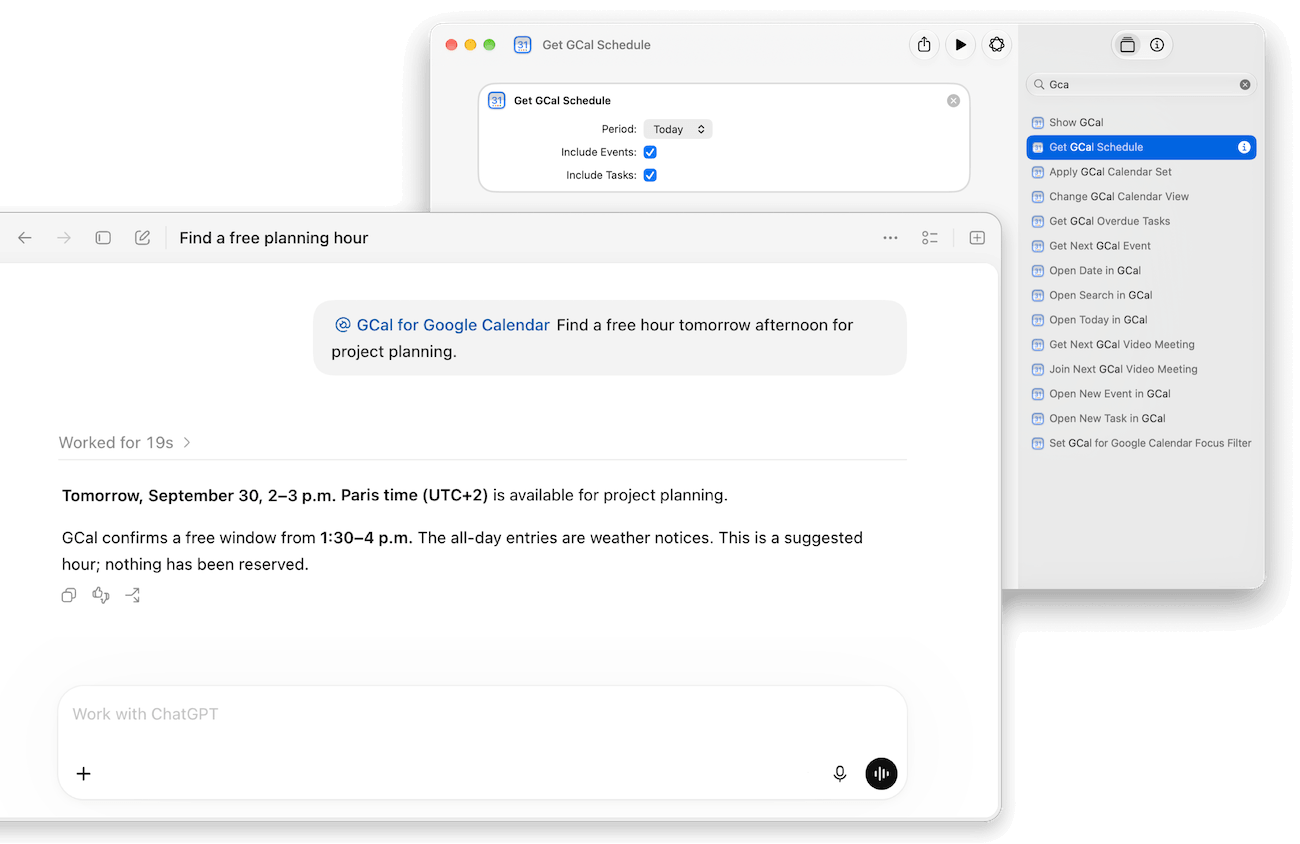 An AI assistant finding a free planning hour alongside GCal’s schedule action in Apple Shortcuts