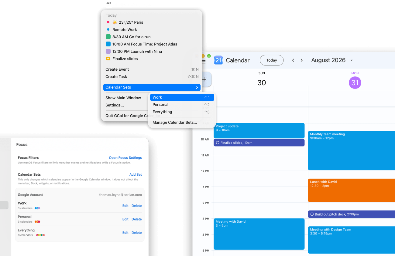 Switch between Work, Personal, and Everything Calendar Sets from GCal’s menu bar