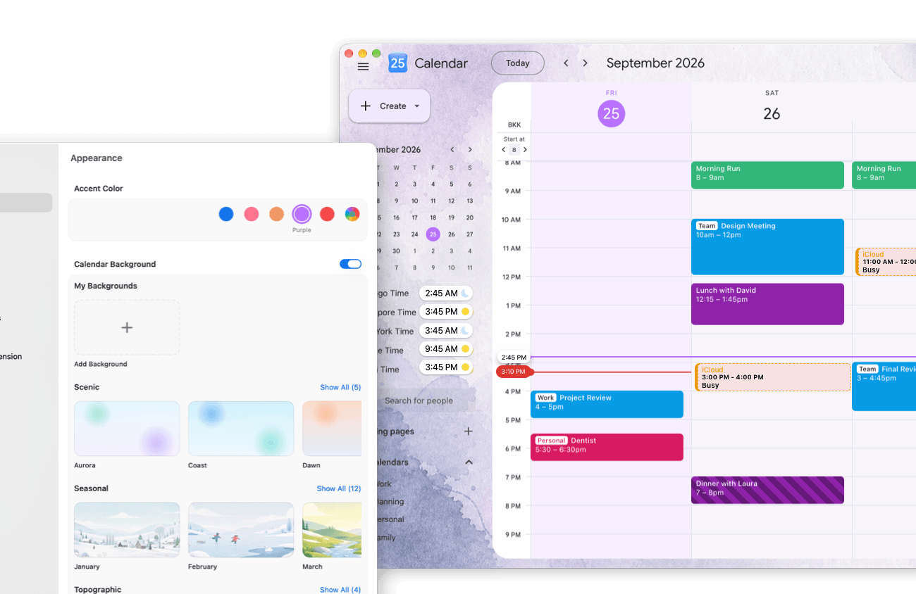 GCal appearance settings beside Google Calendar with a purple accent, custom background, event tags, and availability from another account