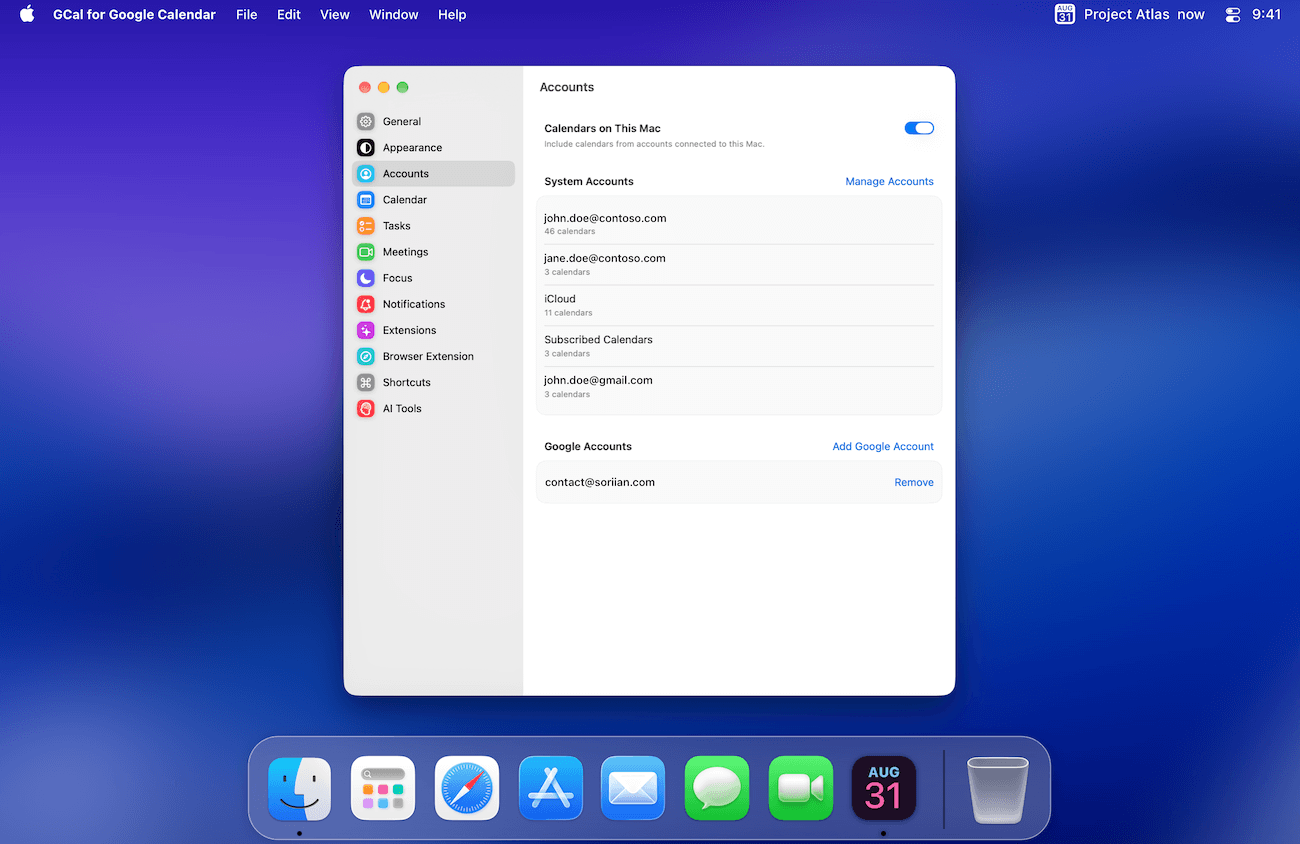 GCal Accounts settings showing Calendars on This Mac, Manage Accounts, and Add Google Account.