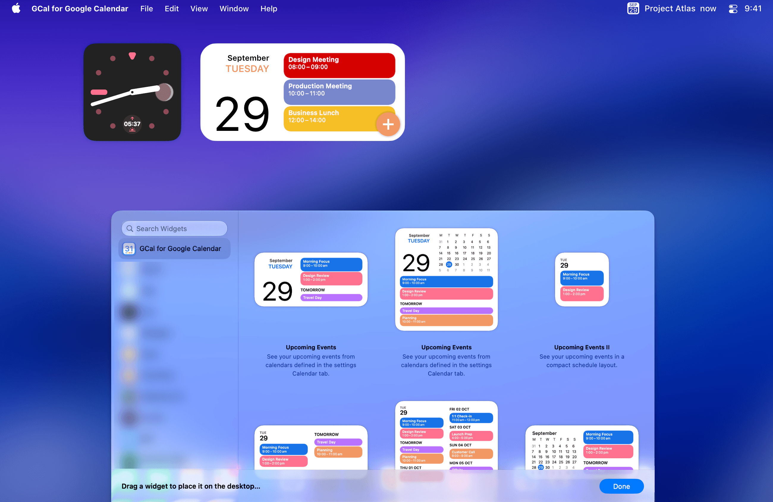 The macOS widget gallery with GCal selected and different widget sizes, below a clock and agenda already placed on the desktop.