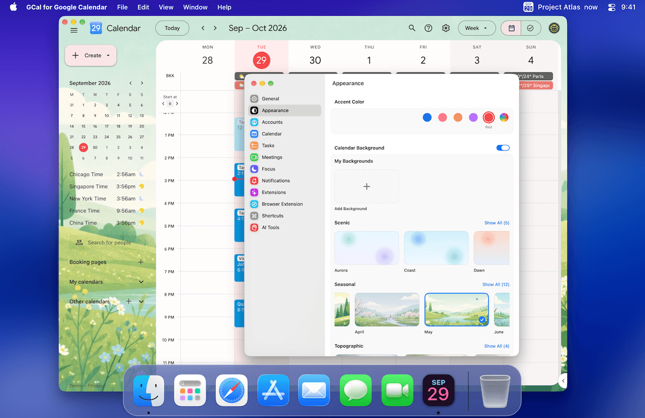 GCal Appearance settings with a red accent and a selected landscape background, shown in the Google Calendar window behind it.