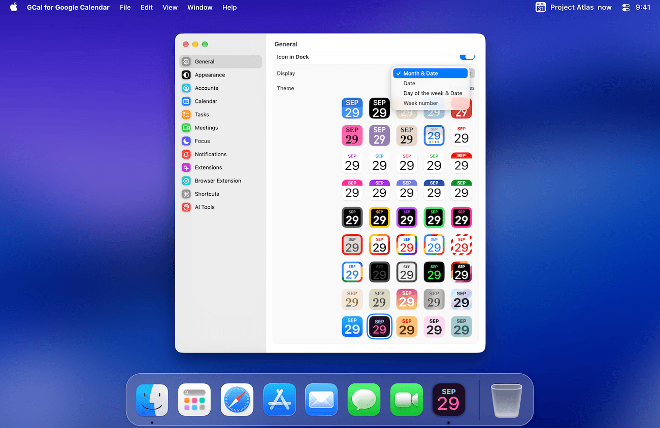 GCal General settings with the Dock display-format menu open and a pink date theme selected, matching the icon in the Dock below.