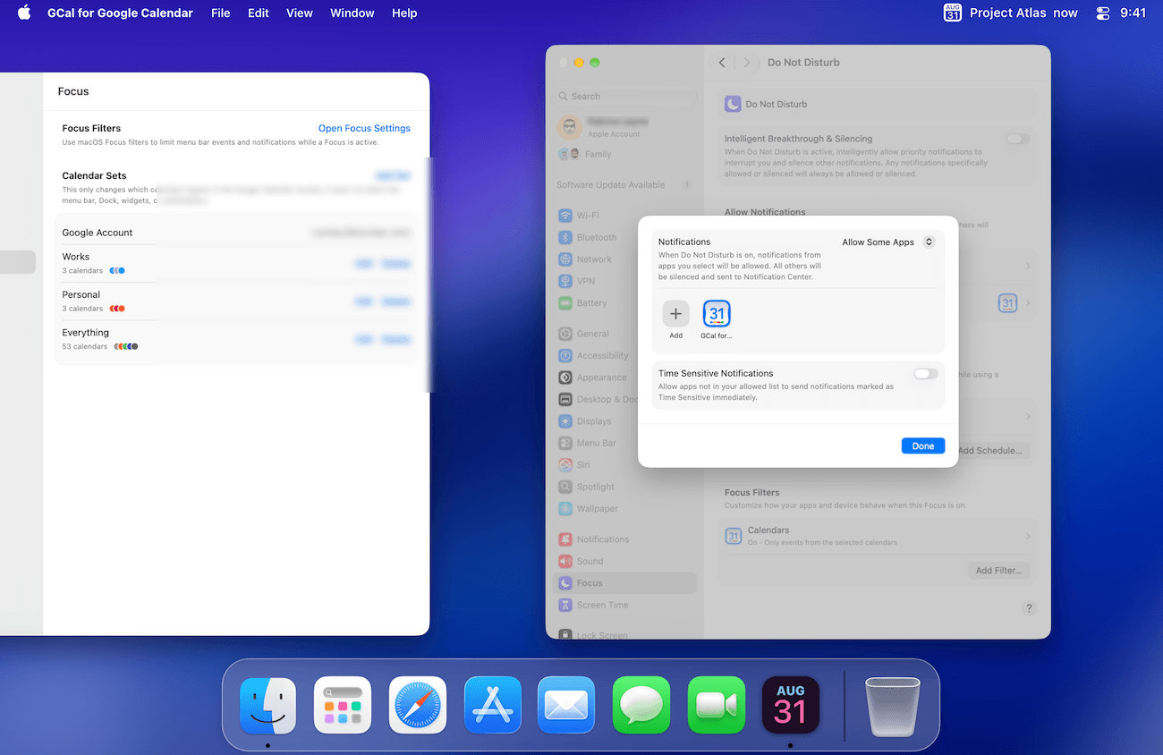 GCal Focus settings beside macOS Do Not Disturb settings, with GCal included under Allowed Apps.