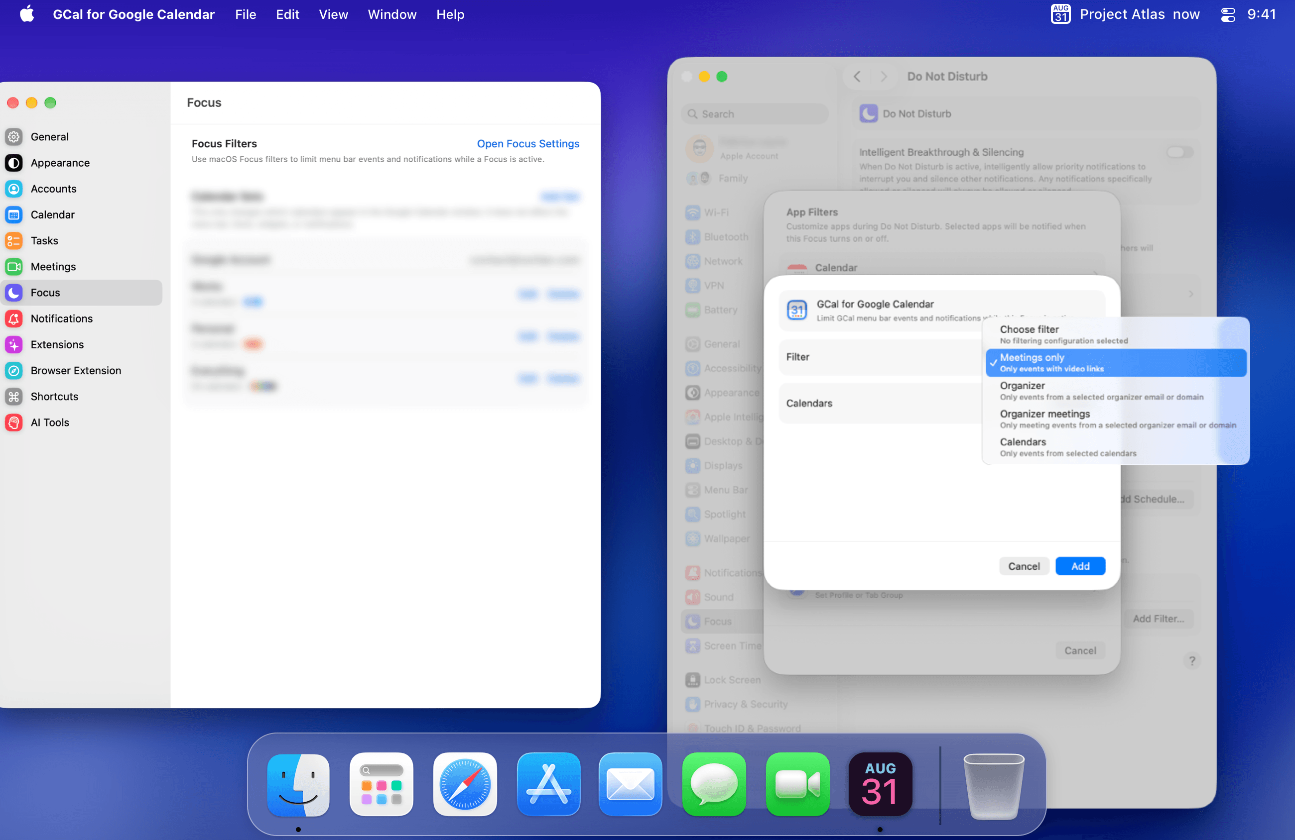 GCal Focus settings beside the macOS Focus filter dialog, with the filter menu showing Meetings only, Organizer, Organizer meetings, and Calendars.