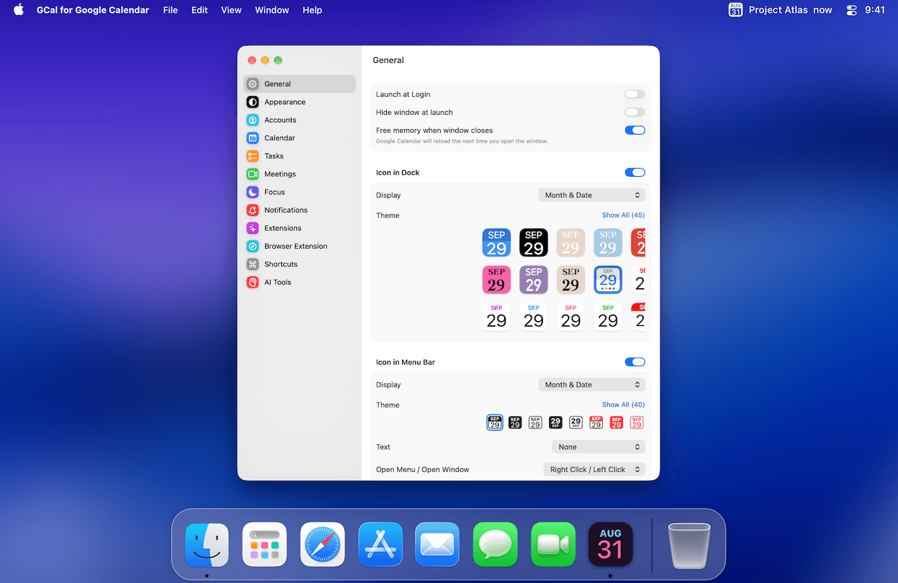 GCal General settings showing Launch at Login, Icon in Dock, and Icon in Menu Bar.