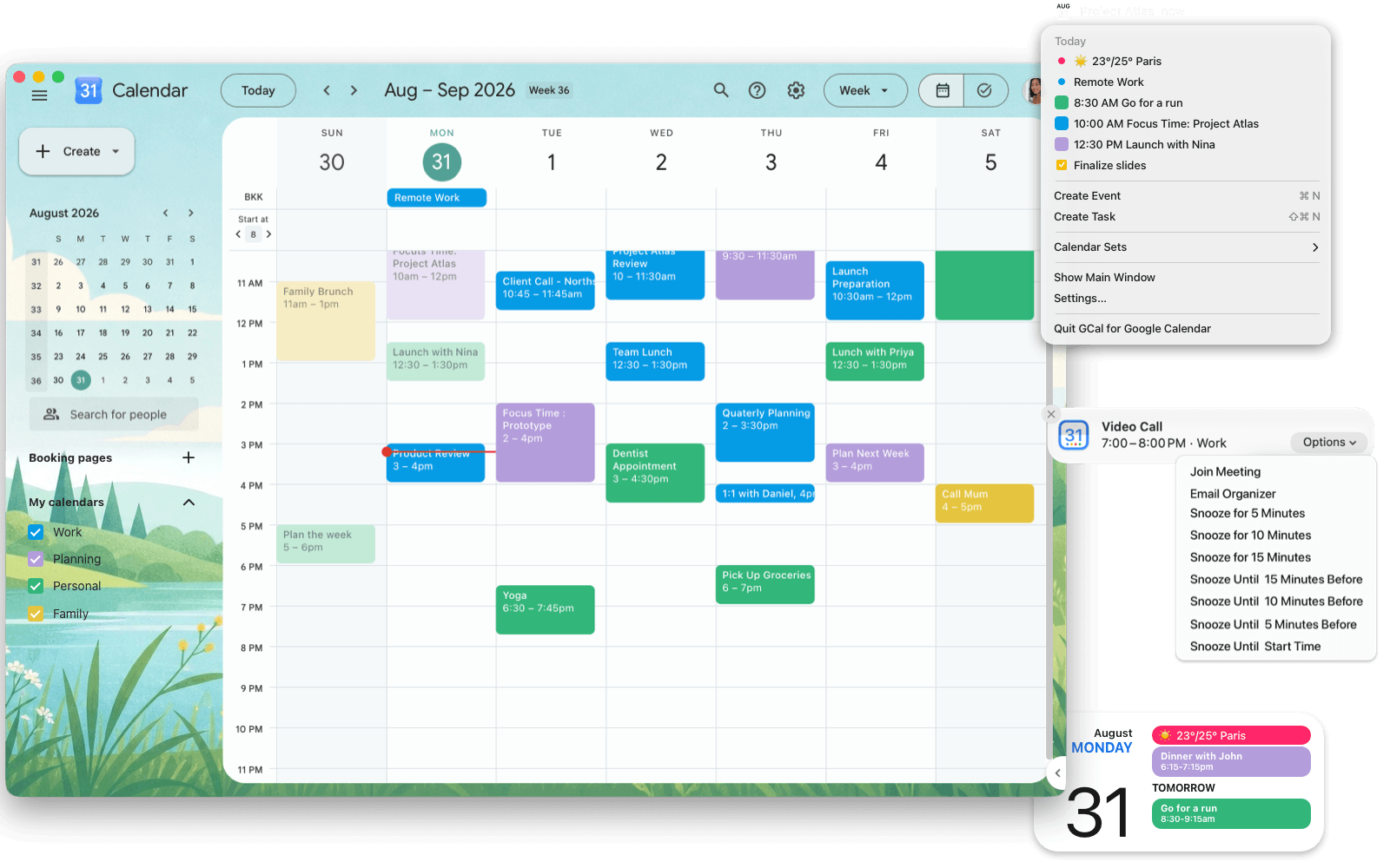 Google Calendar in GCal with a menu-bar agenda, meeting notification actions, and a desktop widget