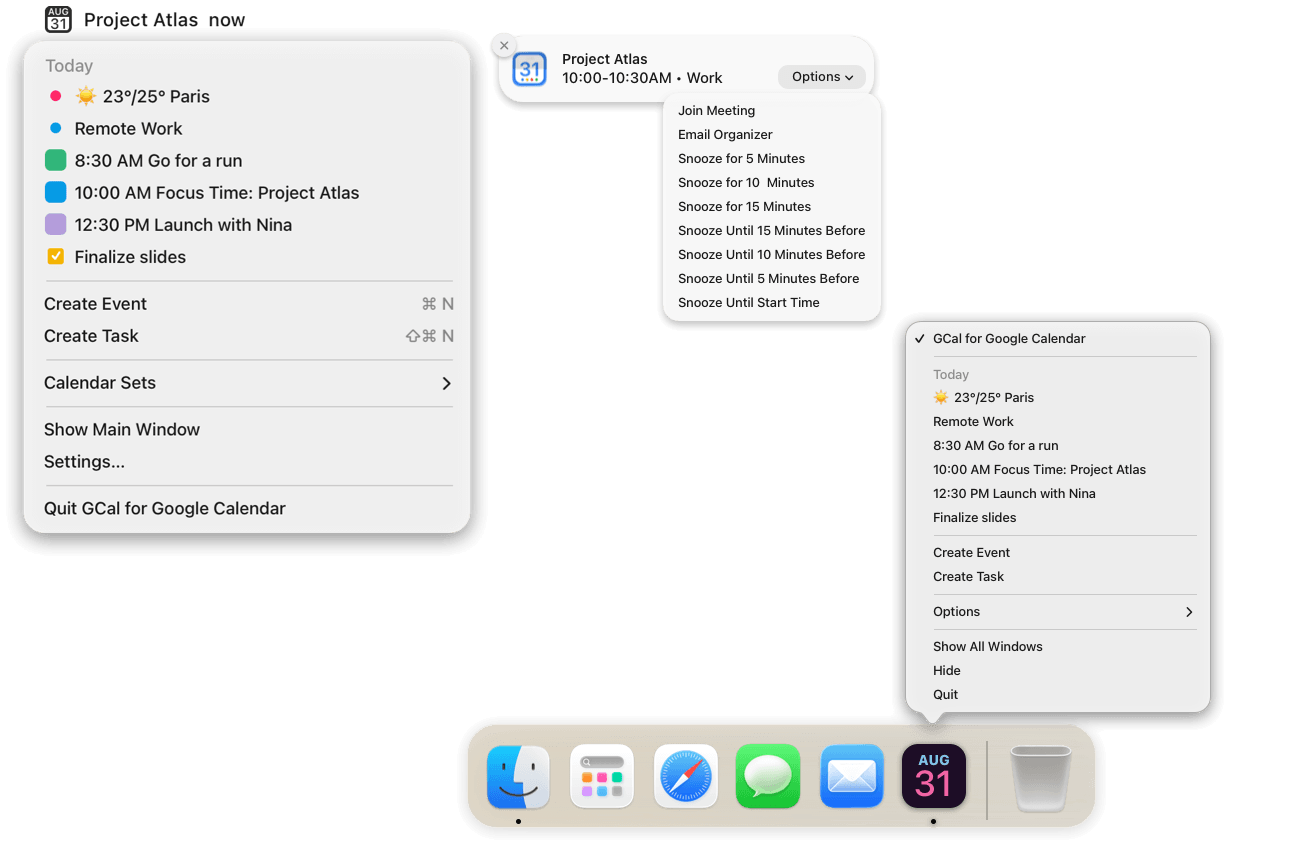 GCal agenda in the menu bar and Dock, with meeting and snooze actions in a notification