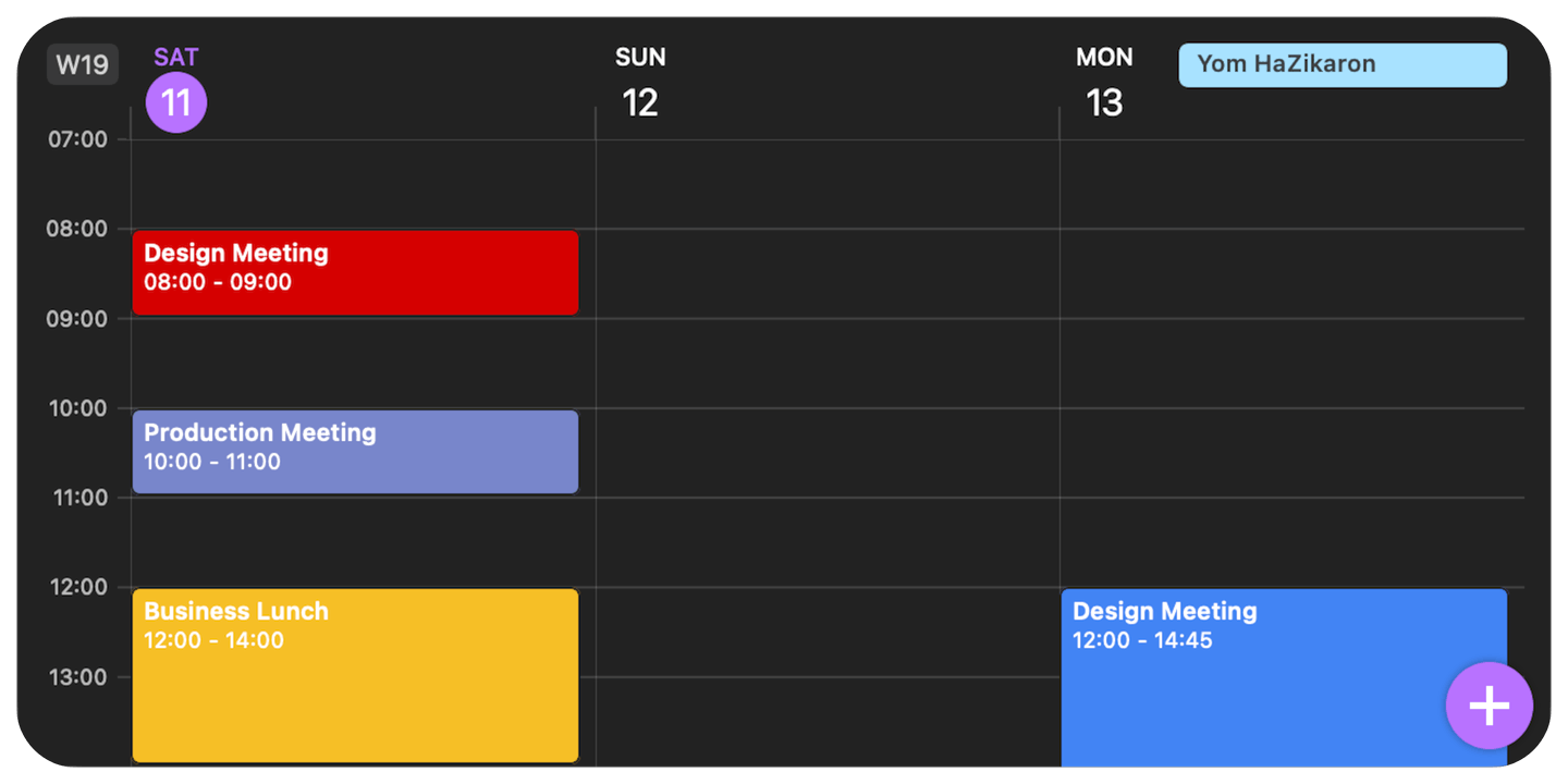 Wide GCal widget with a three-day calendar timeline