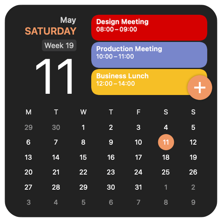 Dark GCal widget combining a daily agenda and month calendar