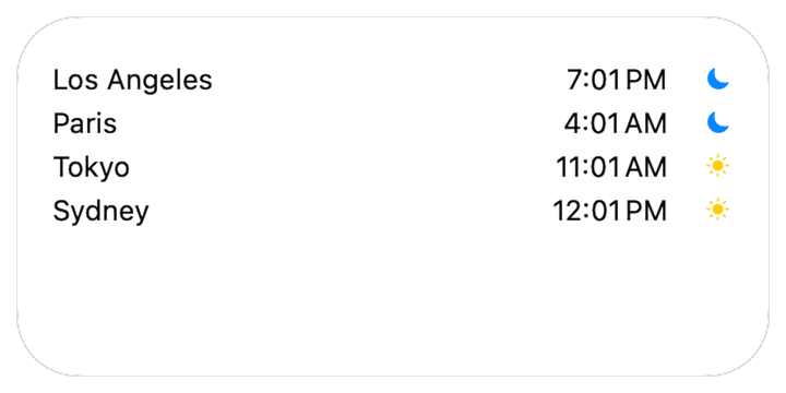 GCal world clock widget showing four cities