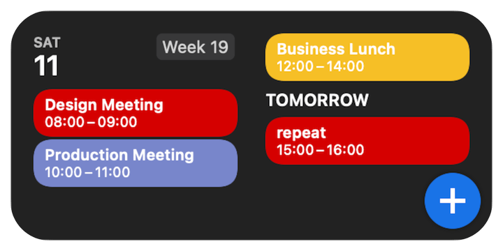 Dark GCal agenda widget showing today and tomorrow
