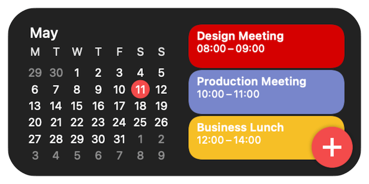 Dark GCal widget with a month calendar and daily agenda