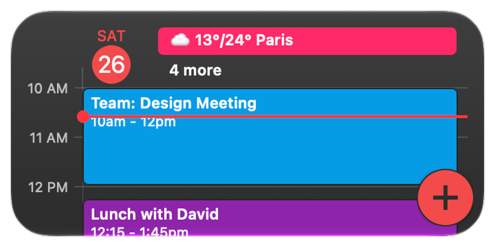 Dark GCal day timeline widget with events and a current-time indicator